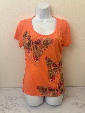 Style & Co Short Sleeve Top Womens PM Embellished Butterfly Pullover Orange